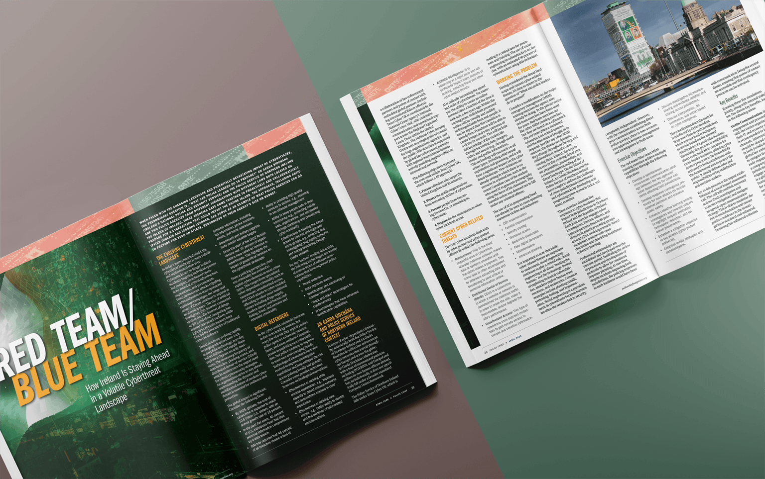Two open spreads of Police Chief magazine displayed on a split brown and green background. The left spread features an article titled 'Red Team / Blue Team: How Ireland Is Staying Ahead in a Volatile Cyberthreat Landscape,' with a dark green design and map graphics. The right spread continues the article with text-heavy pages and a photo of a cityscape in Ireland, discussing cybersecurity strategies and collaboration between law enforcement and digital defenders.