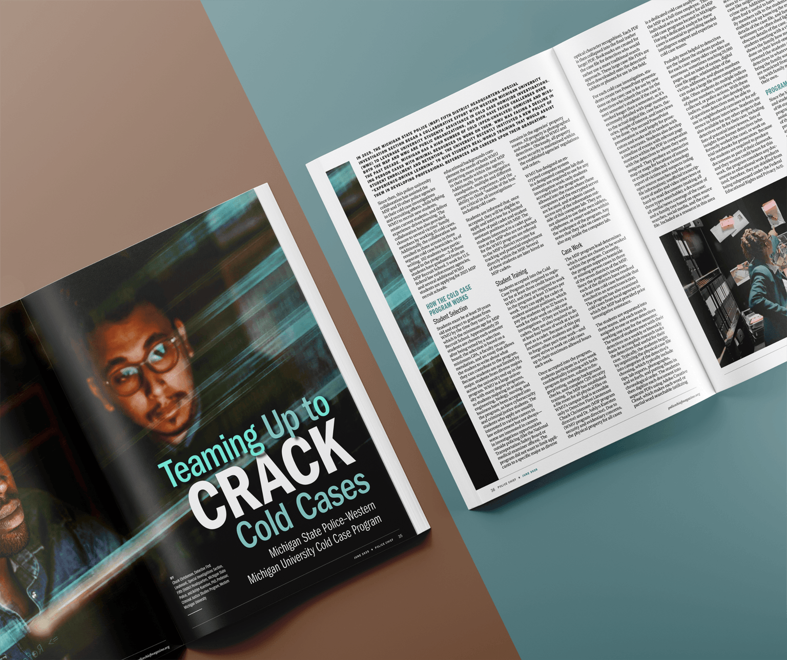 Two open spreads of Police Chief magazine displayed on a brown and blue surface. The left spread features an article titled 'Teaming Up to Crack Cold Cases: Michigan State Police-Western Michigan University Cold Case Program,' with an image of a man's face overlaid with digital data graphics. The right spread continues the article with text columns and a photo of a woman reviewing case files in an evidence archive.