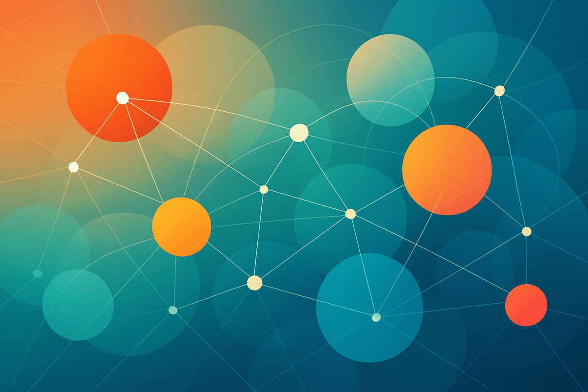 Abstract illustration of interconnected colorful circles linked by thin lines on a teal-to-orange gradient background, symbolizing connection and collaboration.