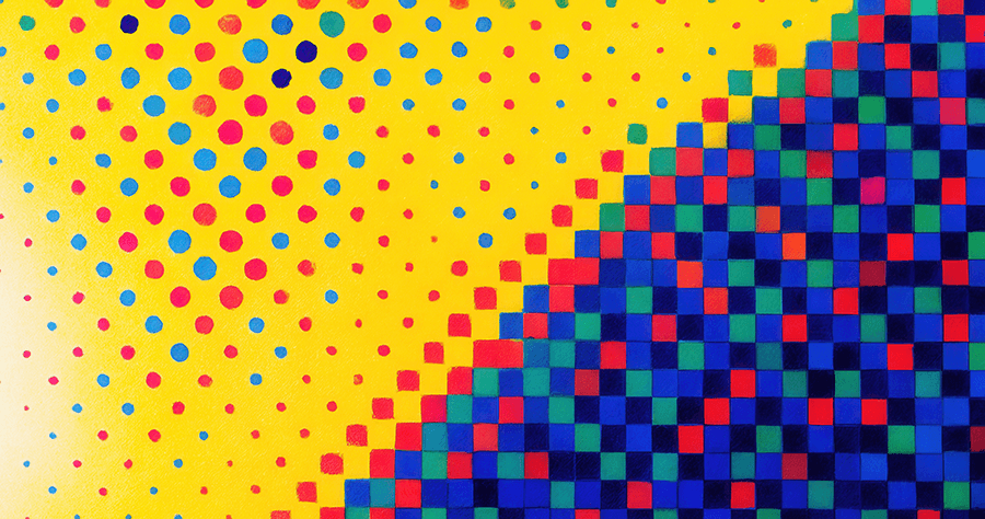 Abstract digital artwork showing a vibrant transition from a halftone ink dot pattern in cyan, magenta, and yellow on the top left to a digital pixel grid in red, green, and blue on the bottom right, symbolizing the shift from print to digital media.