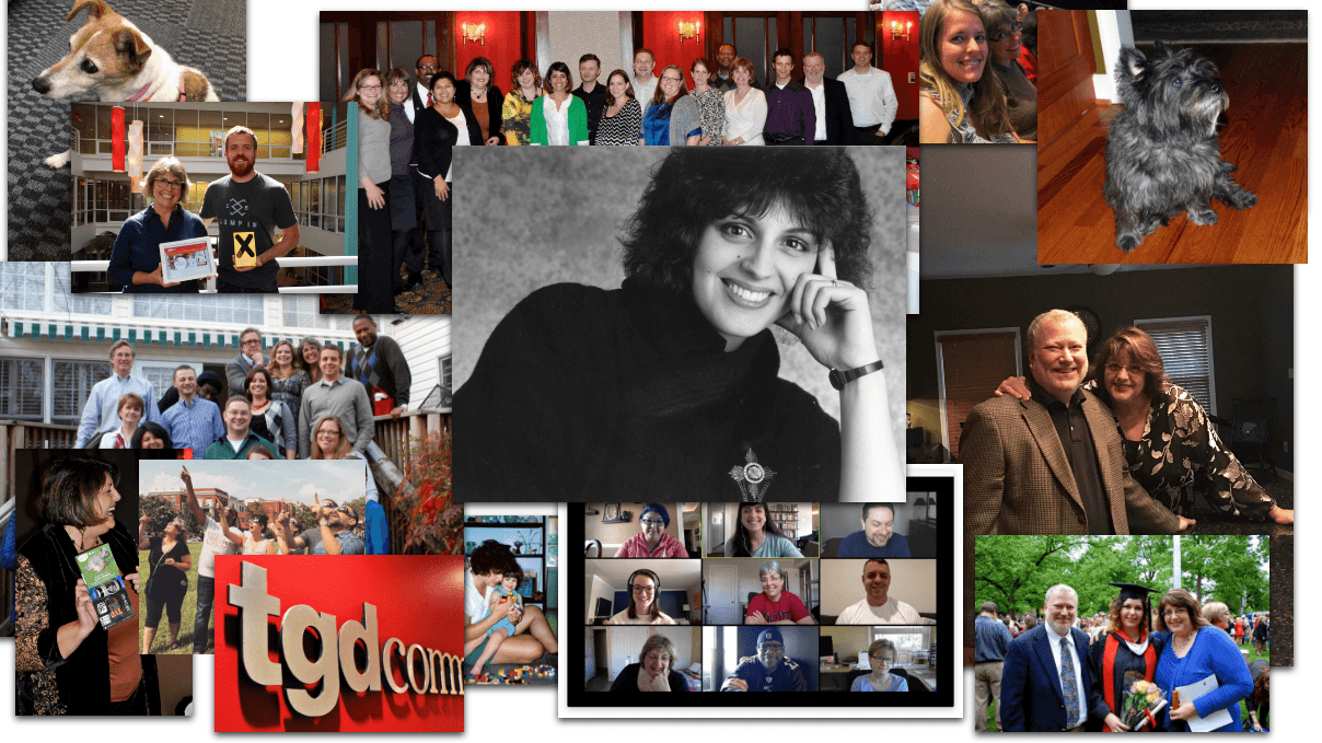 A collage of various photographs depicting personal and professional moments, including group photos of colleagues, a black-and-white portrait of Rochelle smiling, images of pets (two dogs), a virtual team meeting screenshot, a graduation photo, a gathering outdoors, and a company sign labeled tgdcom. The overall mood is warm, reflective, and celebratory.
