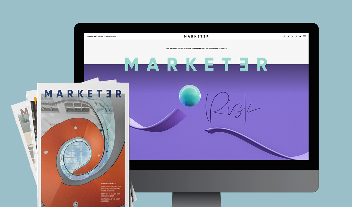 Multiple issues of the SMPS MARKETER journal displayed across print and digital formats, showcasing the publication's evolution from a printed magazine to an interactive digital experience.