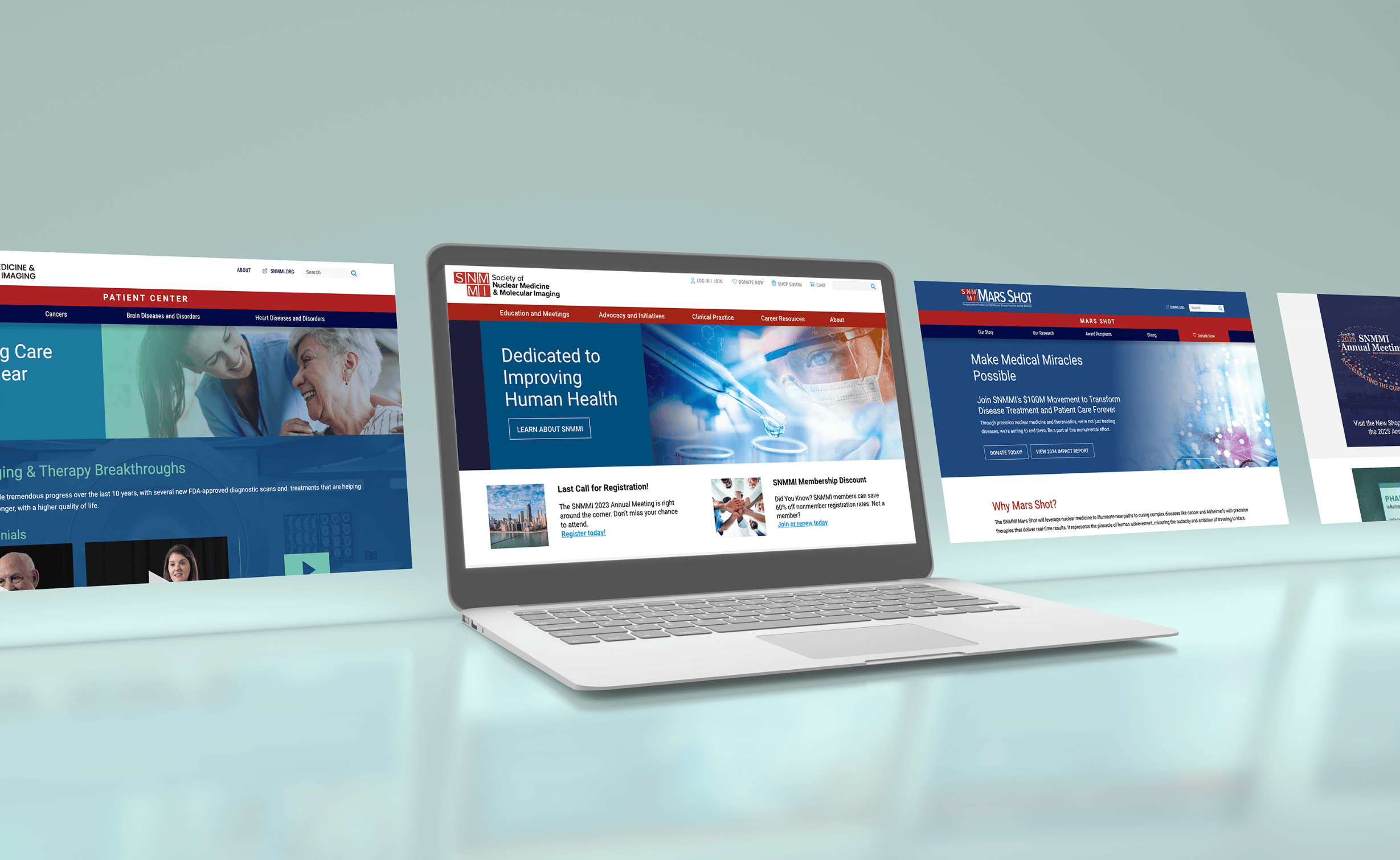 Responsive website design for the Society of Nuclear Medicine and Molecular Imaging (SNMMI) displayed on various devices, including a desktop monitor, laptop, tablet, and smartphone, showcasing pages related to human health, clinical practice, event registration, and conference details.